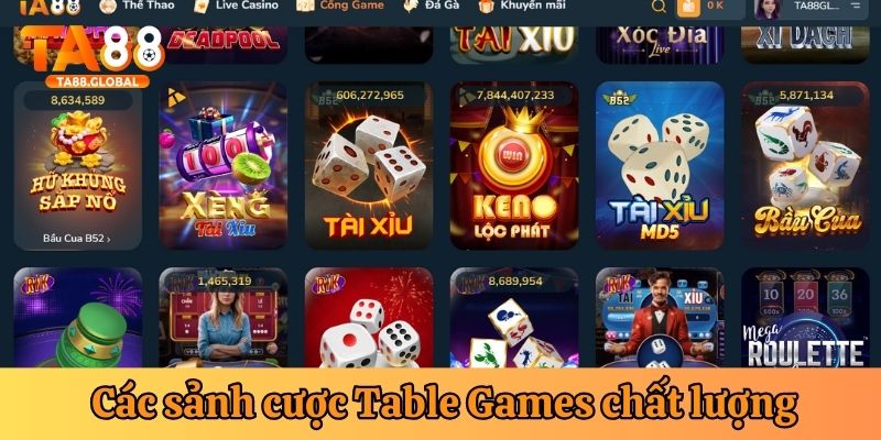 Có những sảnh cược Table Games nào trên TA88?