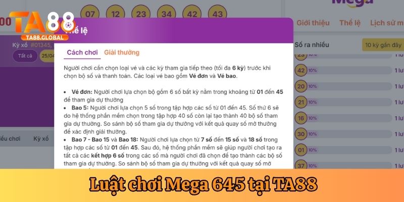 Luật chơi Mega 645 TA88