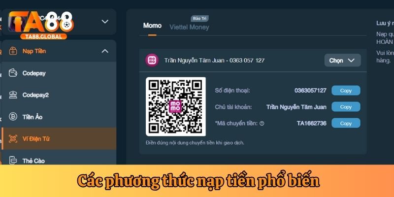 Những hình thức nạp tiền vào tài khoản TA88 phổ biến